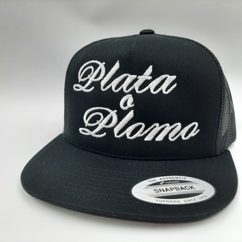 Cowboy Cartel "Plata O Plomo" Flat Bill Mesh Snapback Trucker Hat Cap Black Embr